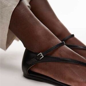 Mango Black Leather Mary-Jane Flats with Ankle Strap